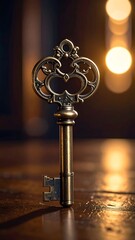 Ornate metal key centered against a blurred, golden lit backdrop resting on polished wood