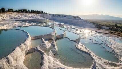 Aerial view of the travertine hot springs and pools at Pamukkale, Turkey on a sunny day