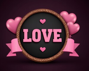 Pink Hearts And LOVE Text Emblem With Brown Rope Border And Ribbon