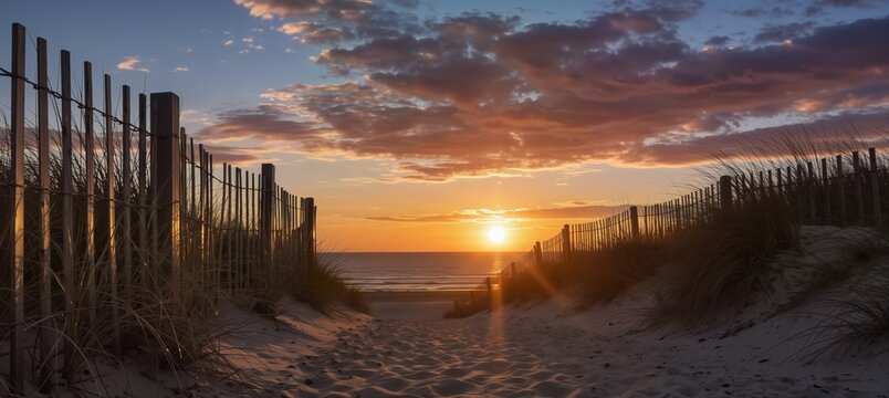 serene beach path leading to a vibrant sunset over the ocean with dune grass and wooden fencing - Powered by Adobe