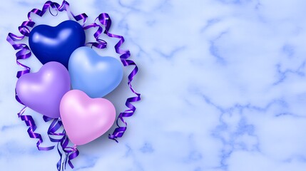 Assortment of Heart Shaped Balloons In Pastel Hues Tied With Purple Ribbon On Textured Blue Background