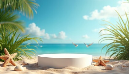 White podium on sandy beach with starfish, seashells and palm leaves. Turquoise ocean waves and clear blue sky with clouds and birds flying in background. Summer vacation paradise scene.