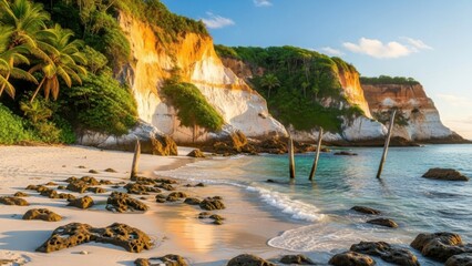 A serene tropical beach with a large cliff and palm trees at sunset