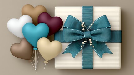 Festive Gift Box with Teal Ribbon and Heart Shaped Balloons on Beige Background