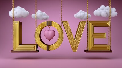 Golden Love Letters With Pink Heart And Clouds On Pink Background