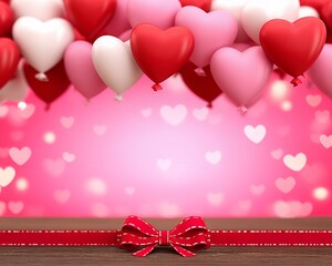 Heart Shaped Balloons Floating Above Wooden Table With Red Bow Decoration