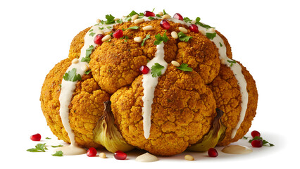 Delicious roasted cauliflower with creamy sauce and pomegranate seeds