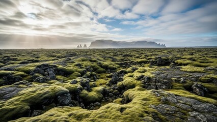 A vast, moss-covered rocky landscape under a cloudy sky with a distant mountain range