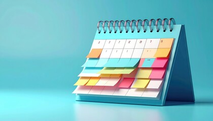 A desktop calendar with sticky notes indicating important dates and appointments, set against a soft, bright blue backdrop.