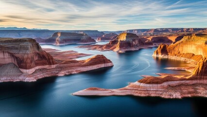 Aerial view of a serene lake surrounded by majestic red rock formations at sunset