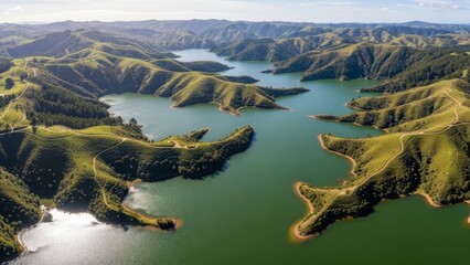 Aerial view of a serene lake surrounded by lush green hills and mountains
