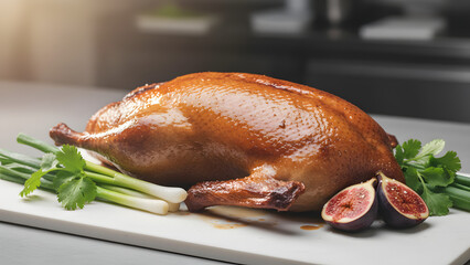 Roasted duck with figs and herbs on white plate