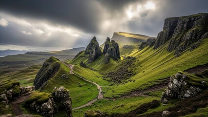A dramatic landscape of the Old Man of Storr on a stormy day in Scotland