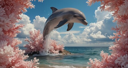 dynamic dolphin breaching ocean surface framed by vibrant pink coral reefs on a sunny day.