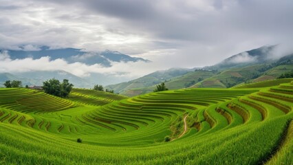 A serene landscape of lush green rice terraces under a cloudy sky with rolling hills
