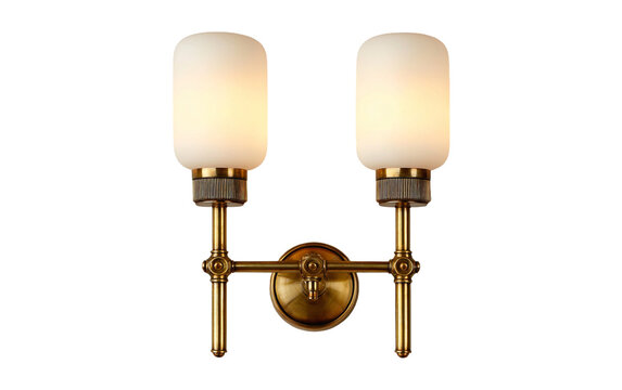 Elegant brass double sconce with opal glass shades isolated on transparent background