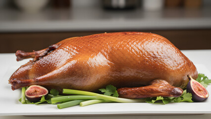 Roasted duck garnished with fresh herbs and figs on white plate