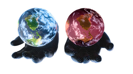 The choice of future: Carbon cyborg hands holding pristine Earth versus dystopian red rusty planet - Climate change concept 3D render.