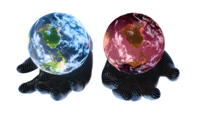 The choice of future: Carbon cyborg hands holding pristine Earth versus dystopian red rusty planet - Climate change concept 3D render.