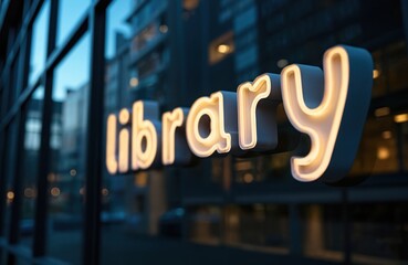 Modern library sign glows at dusk outside the building. Exterior entrance signage is illuminated with warm light. City lights reflect on the glass windows.