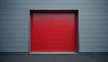 Closed red roller shutter spans large industrial wall. Metal corrugated facade contrasts clean grey siding. Secure entry door with metallic finish.