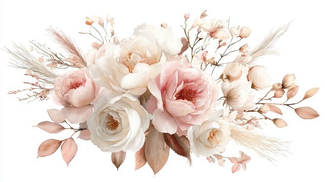 A delicate floral arrangement, featuring soft pink and cream roses with feathery pampas grass and subtle beige accents
