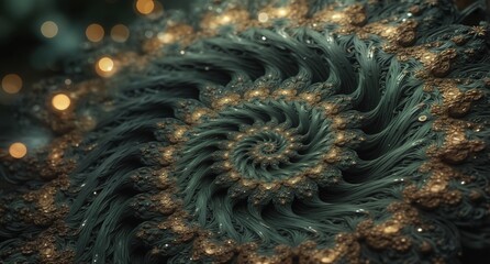 intricate golden fractal pattern with soft bokeh lights, detailed digital art for backgrounds and textures.