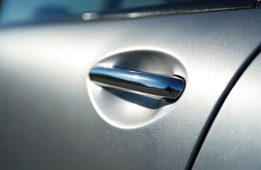 Silver car door handle gleams reflecting sky and landscape. Exterior auto detail shows modern design. Passenger enters vehicle on sunny day.