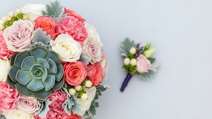 Elegant wedding floral arrangement featuring a vibrant bouquet and a charming boutonniere