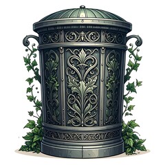 Ornate metal trash can adorned with green ivy, sitting isolated on a white background in a symmetric view
