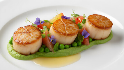 Scallops on green pea puree with vibrant edible flowers and sauce