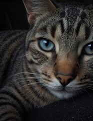Obraz premium close-up of a beautiful bengal cat with striking blue eyes and detailed fur looking at the camera.