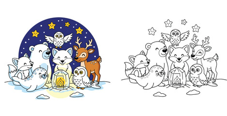 Cute arctic animals gathering around a lantern coloring page vector illustration including polar bear, deer, fox, seal and owl. © MdAbdul
