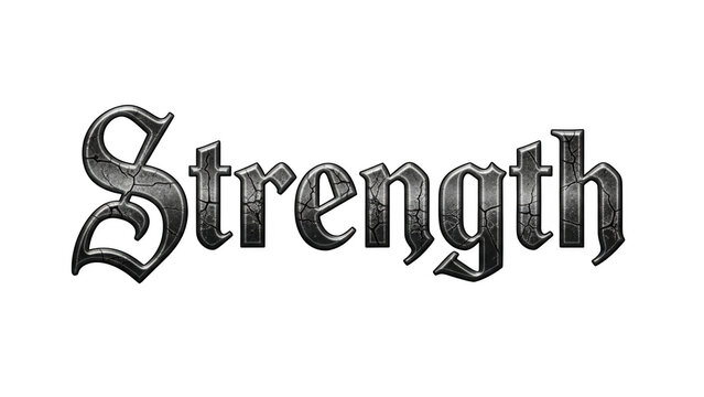 Cracked metallic word Strength in gothic font on black background text typography