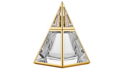 Geometric pyramid shaped clear glass perfume bottle with gold trim image