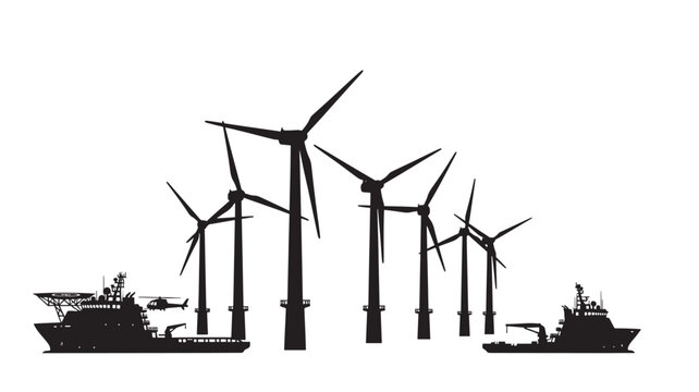 Offshore wind turbines and support vessels in a dark silhouette scene