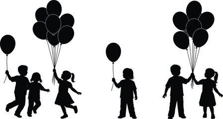 Children silhouettes holding balloons, joyful playtime outdoors, friendship and innocence, happy kids celebration, childhood memories, freedom, unity, happiness, togetherness