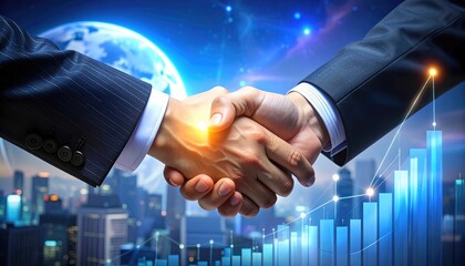 Business handshake symbolizing agreement, partnership, and success with a world map and bar graph background