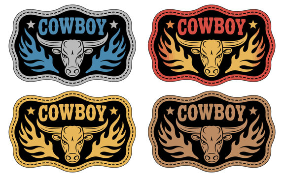 Western style cowboy bull belt buckle vector set design. Retro rodeo illustration with rugged cattle silhouette, vintage trophy buckle graphics for apparel and leatherwork branding.