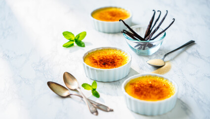 Cr&egrave;me br&ucirc;l&eacute;e desserts with vanilla pods and sugar on a marble surface for culinary presentation and food photography. Restaurant menu, recipe. Popular french dessert