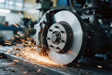 Brake disc being machined with sparks flying in an industrial workshop
