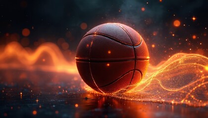 Basketball with glowing energy waves and particles on dark background. Abstract motion power, sports design element. Dynamic orange light streak, action spark effect.