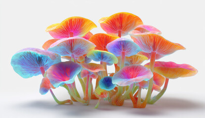A vibrant cluster of colorful fantastical mushrooms against a plain background