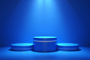 blue cylindrical podium with spotlight  product display