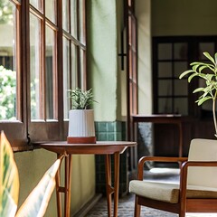 Fototapeta premium Potted plant on wooden table in sunlit room , A small potted plant with a white textured pot sits on a vintage wooden table next to a large window, illuminated by natural light. 