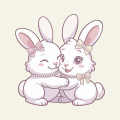 Cute hugging rabbits for Valentine's Day in soft pastel coquette vector style