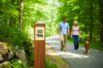 Eco trail sign with couple walking dog in forest path for nature exploration, outdoor recreation, environmental awareness campaigns, hiking guides, tourism brochures