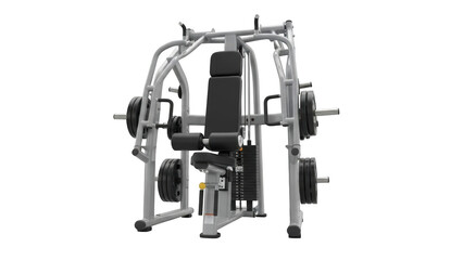 Fototapeta premium Gray multi gym machine with black seat and weight stacks on black background gym equipment weight machine