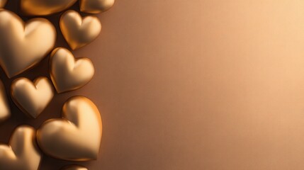 A collection of golden hearts arranged against a soft brown background creates a romantic and inviting atmosphere, ideal for Valentine's Day cards, wedding invitations, or love-themed promotions,