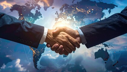A strong handshake symbolizes partnership and agreement in the global business world